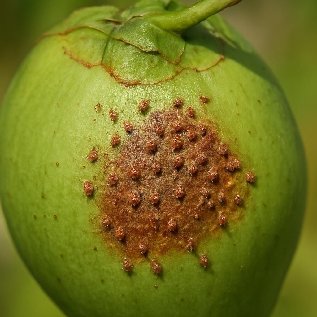 Close-up of Aceria guerreronis coconut mites causing bronzed scars on young coconut