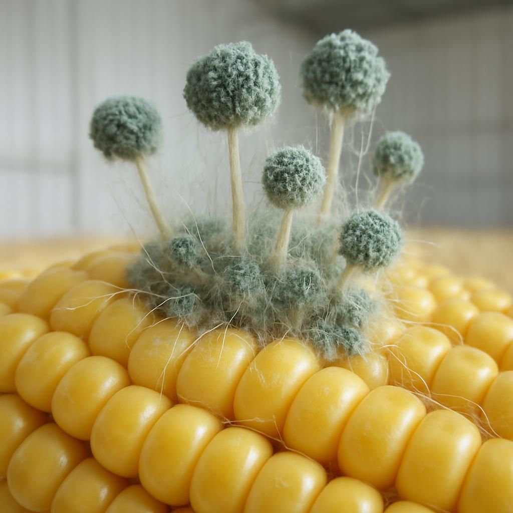 Close-up of Aspergillus flavus mold on corn kernels showing aflatoxin risk in stored grain