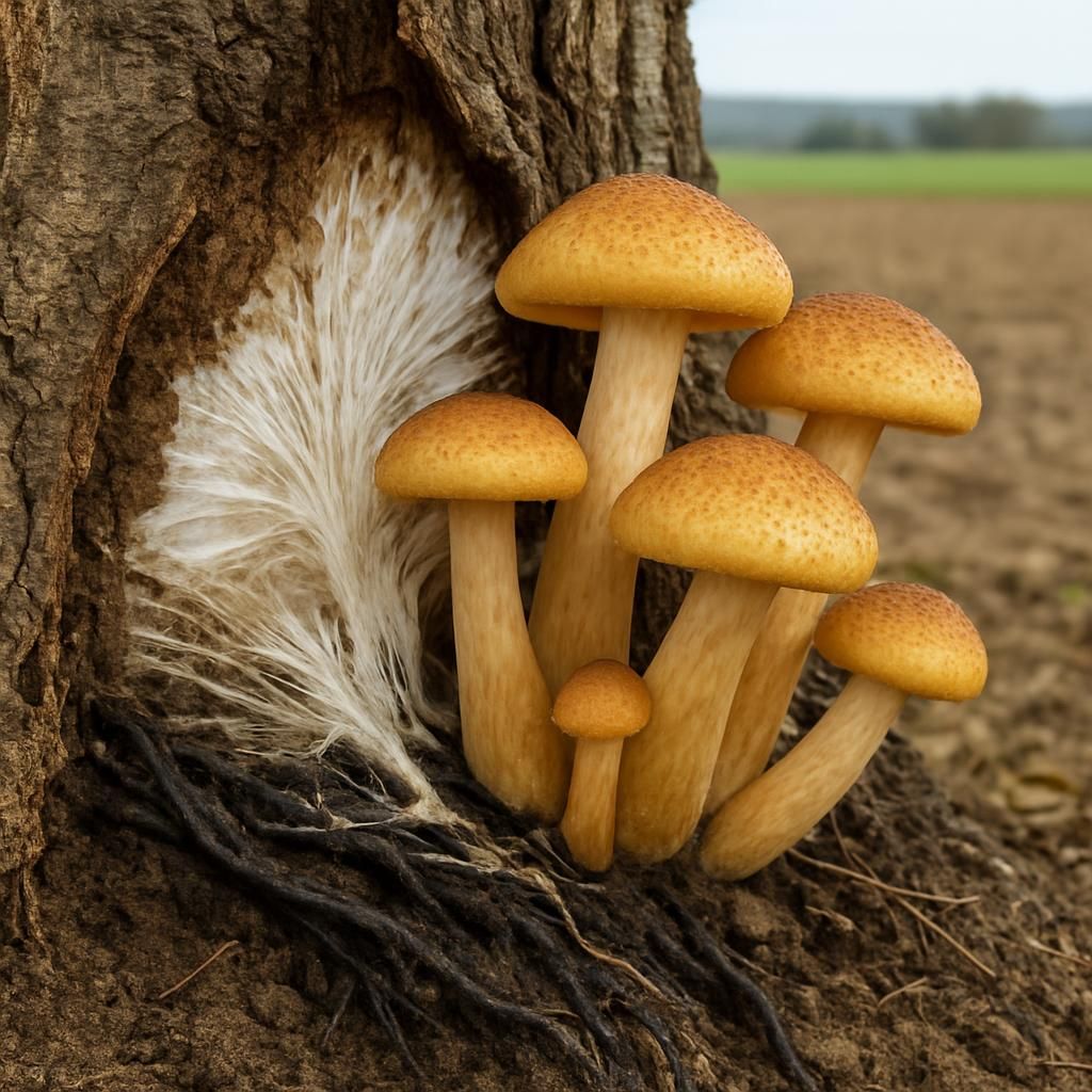 Close-up of Armillaria mellea mushrooms and mycelial fans on infected tree base showing characteristic honey fungus symptoms