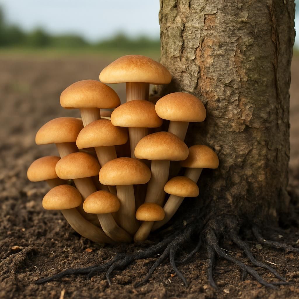 Honey-colored Armillaria mushrooms and black rhizomorphs at base of infected tree showing root disease symptoms