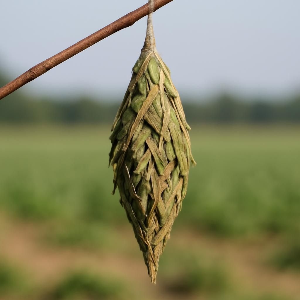 Close-up of bagworm case on twig showing silk and foliage construction for pest identification