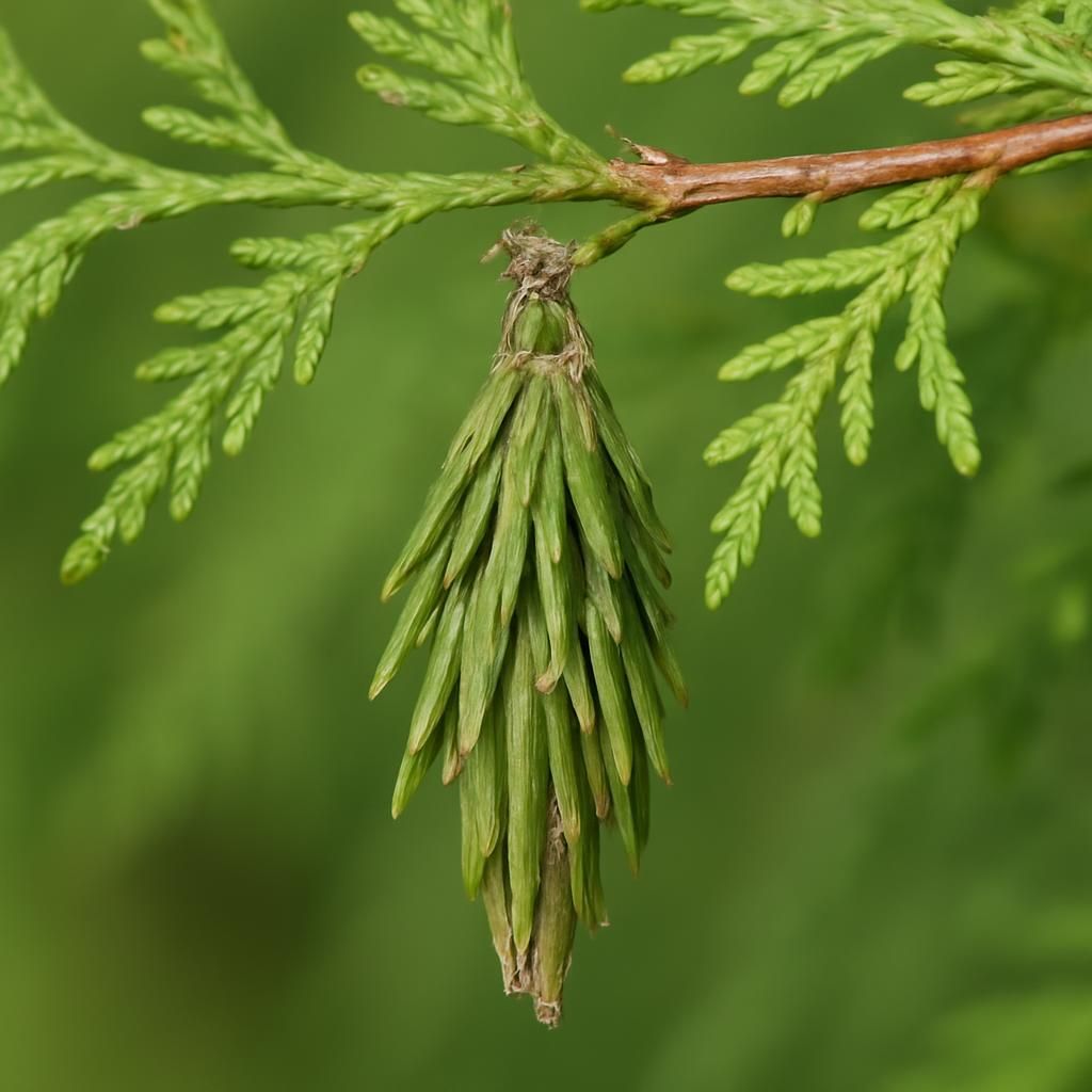 Close-up of bagworm case on cedar branch showing silk and needle construction