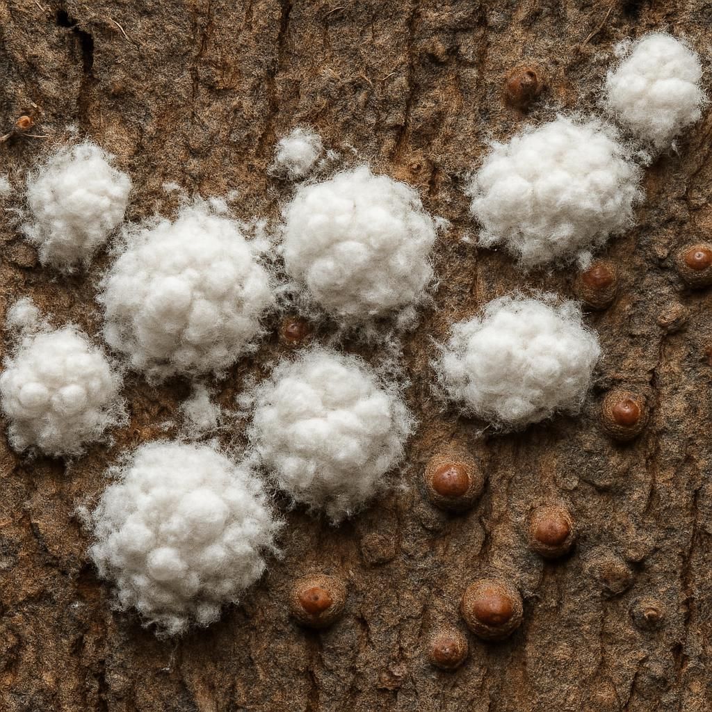 Close-up of white woolly balsam woolly adelgid masses and gouting damage on fir tree bark