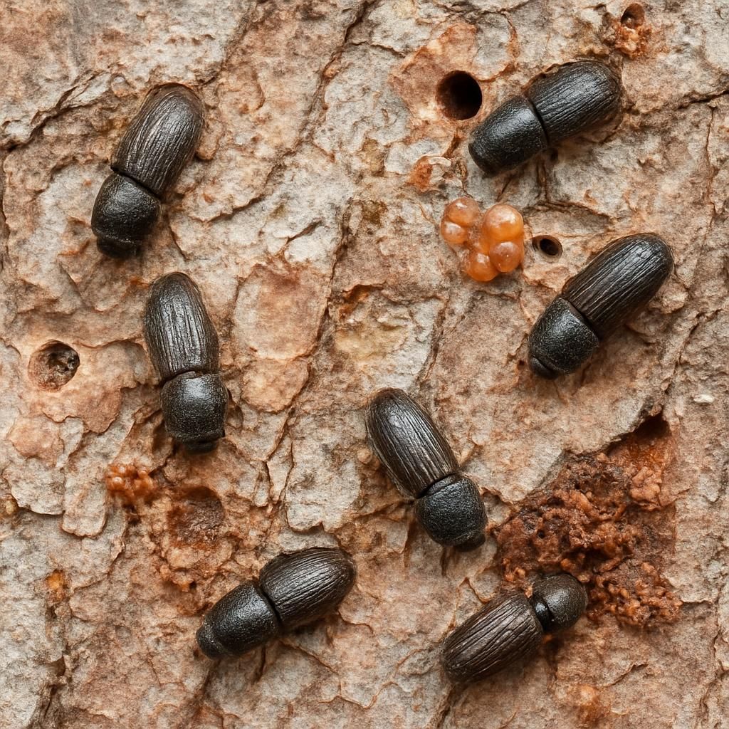 Close-up of bark beetles on tree trunk with visible pitch tubes and frass indicating active infestation