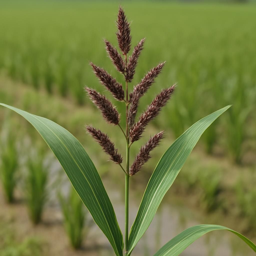 Close-up of barnyard grass weed with purple seed heads in agricultural field