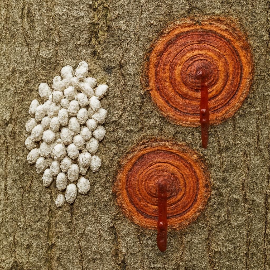 Beech bark disease symptoms: white scale insects and target cankers on American beech trunk