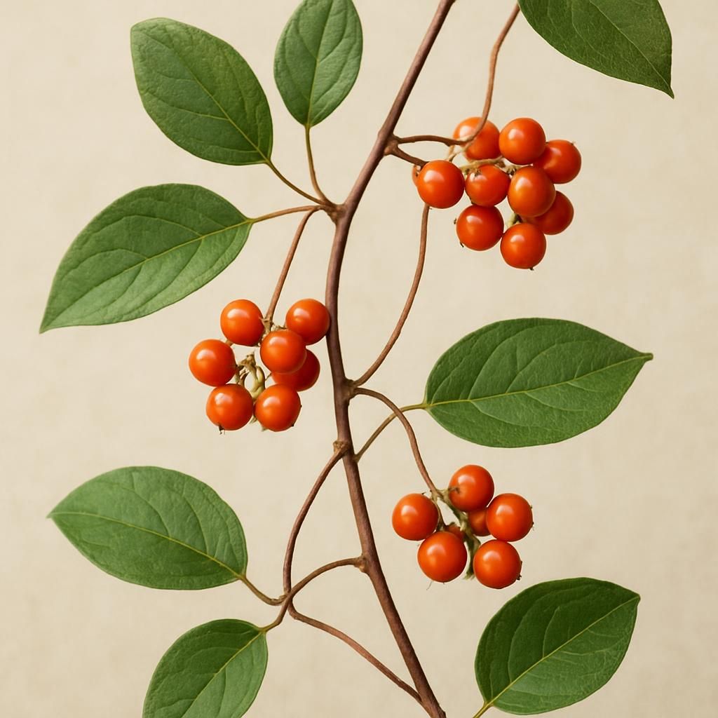 Close-up of invasive bittersweet vine with orange berries and twining stems damaging orchard trees