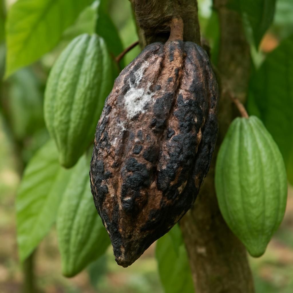 Close-up of cacao pod with black pod rot lesions and white mycelium on tropical tree