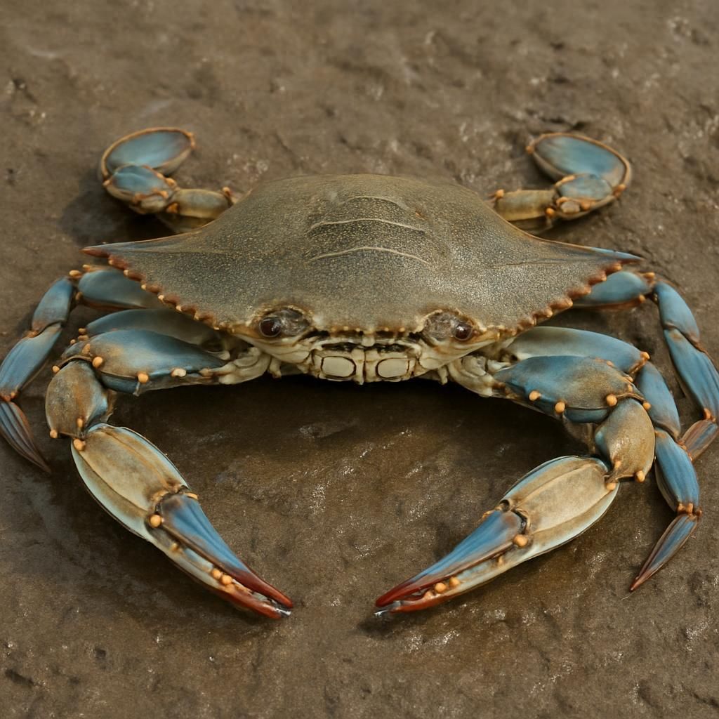 Close-up of blue crab showing blue claws and carapace on coastal agricultural mudflat