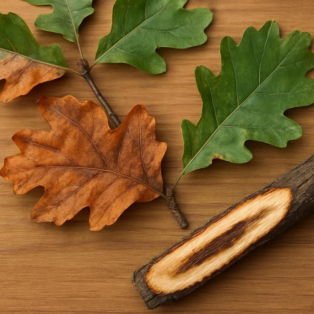 Close-up of oak wilt symptoms on red oak leaves with bronzing and vascular streaking in sapwood