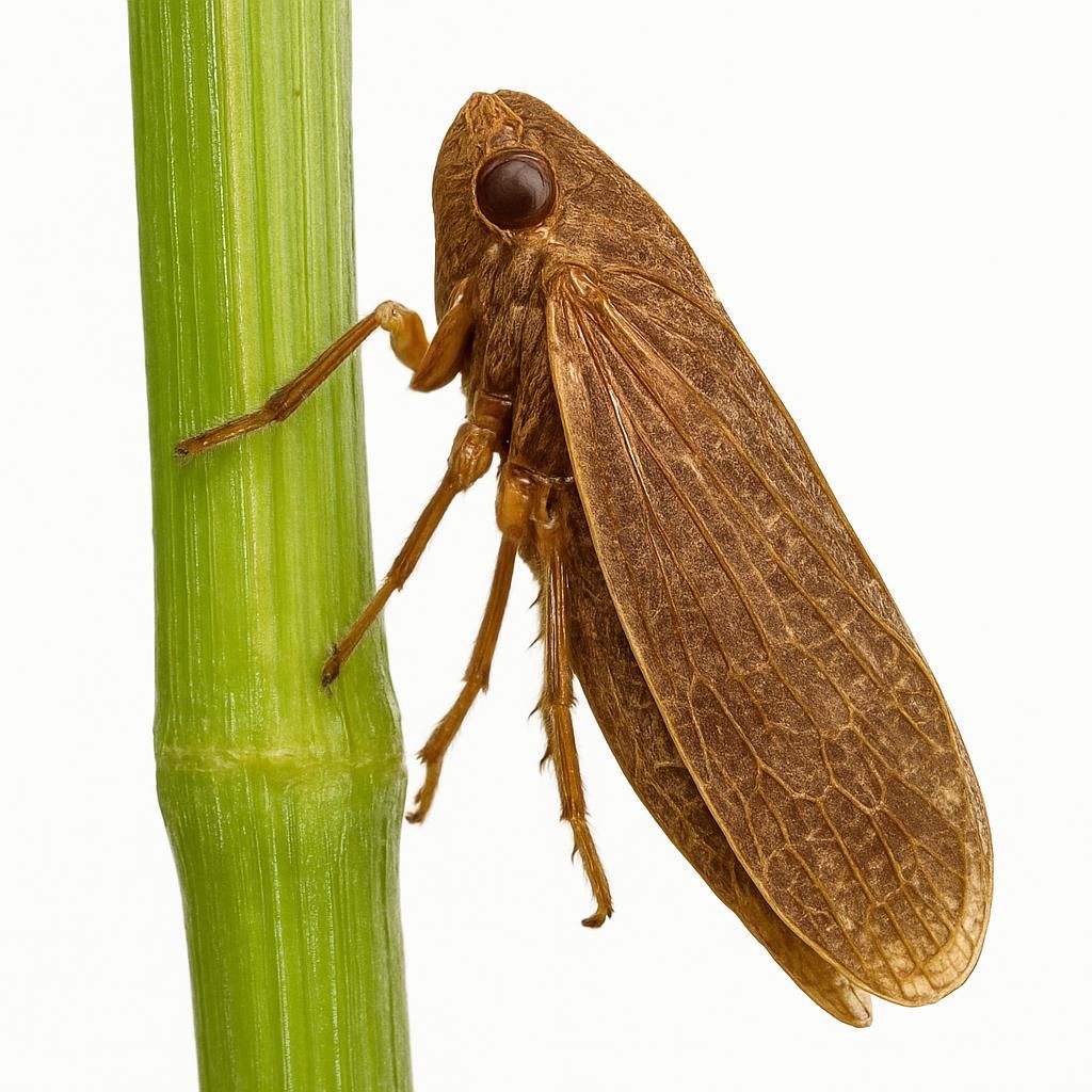 Close-up of brown planthopper Nilaparvata lugens adult on rice stem showing diagnostic body shape and coloration