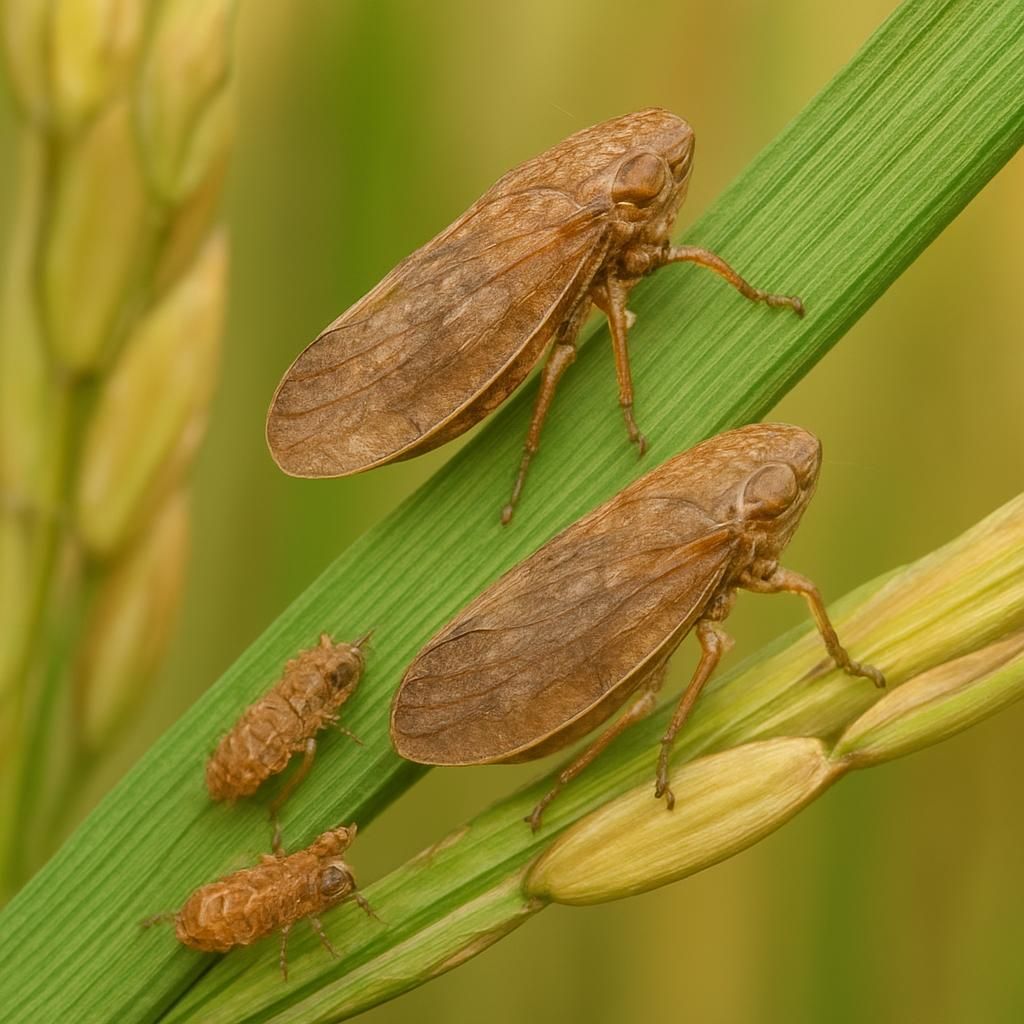 Close-up of brown plant hoppers feeding on rice stems showing hopperburn damage symptoms