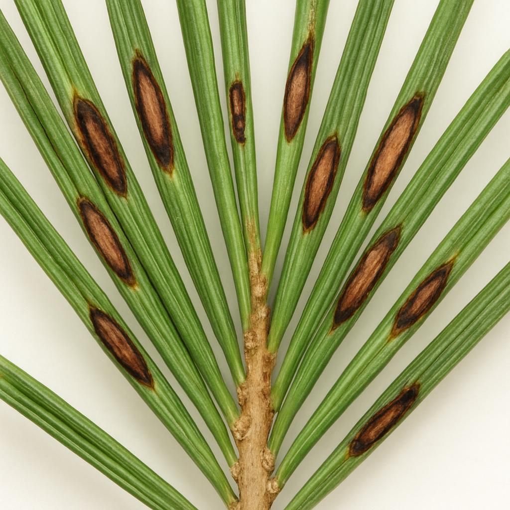 Close-up of brown spot needle blight lesions on pine needles with characteristic dark margins