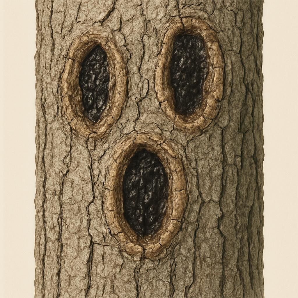 Close-up of butternut canker lesions on tree bark showing dark sunken areas and sap ooze