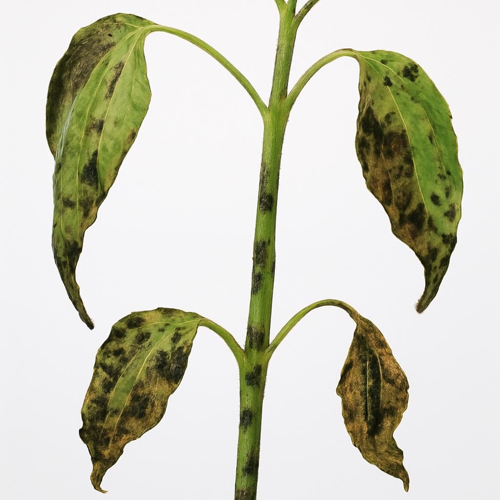 Close-up of clematis stem with black lesions and wilting leaves from clematis wilt disease