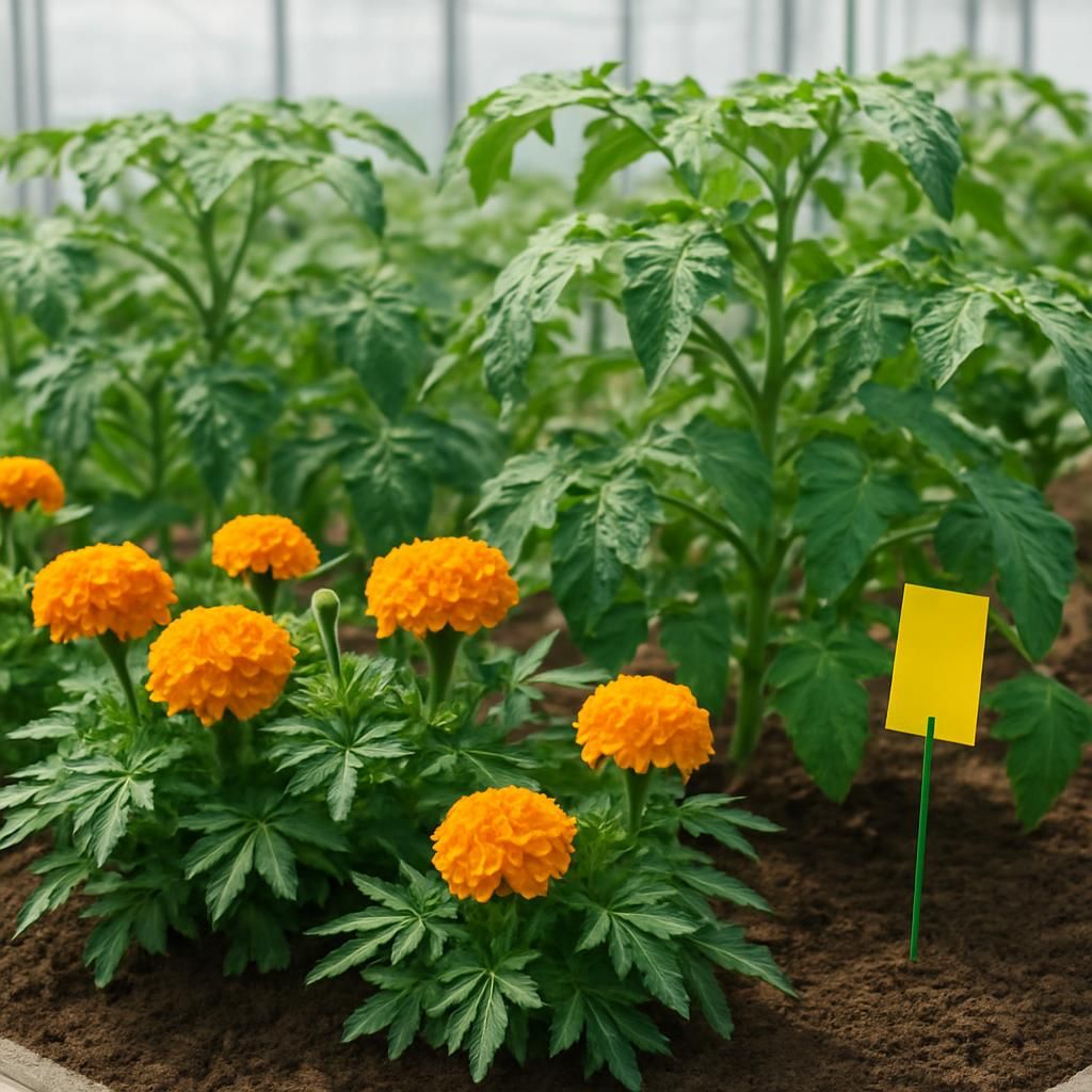 Close-up of marigold and tomato companion planting demonstrating proper spacing and pest monitoring in a commercial greenhouse