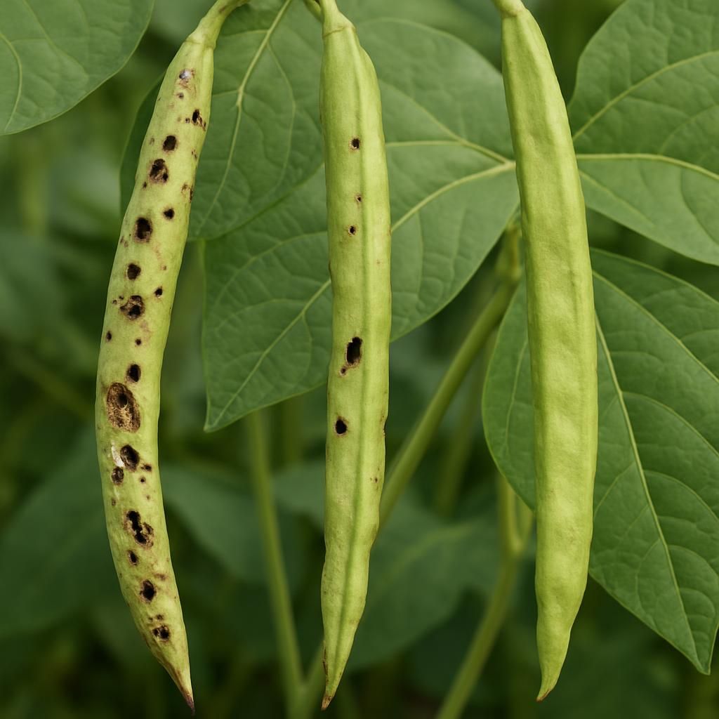 Close-up of cowpea pods displaying pest damage holes and frass for diagnostic reference