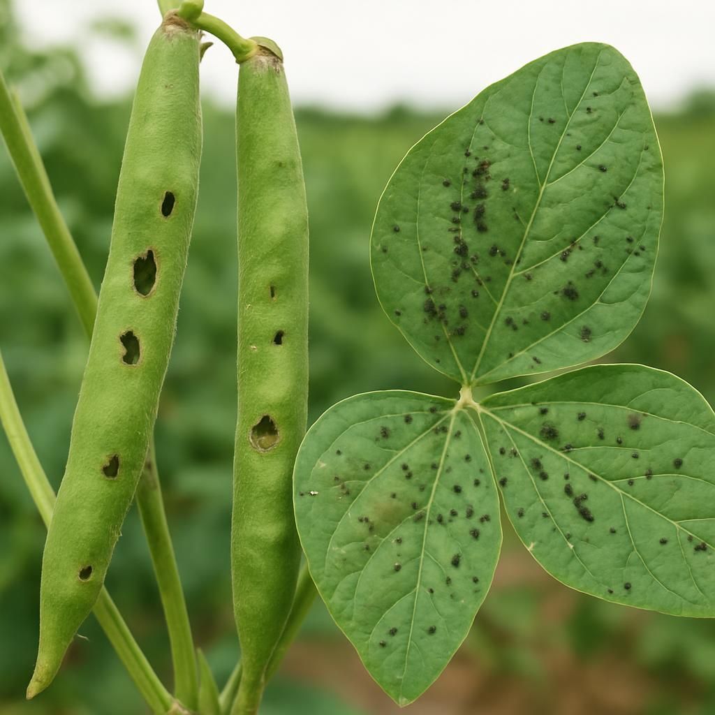 Close-up of cowpea pods with pest damage holes and aphid colonies on leaves for agricultural pest guide