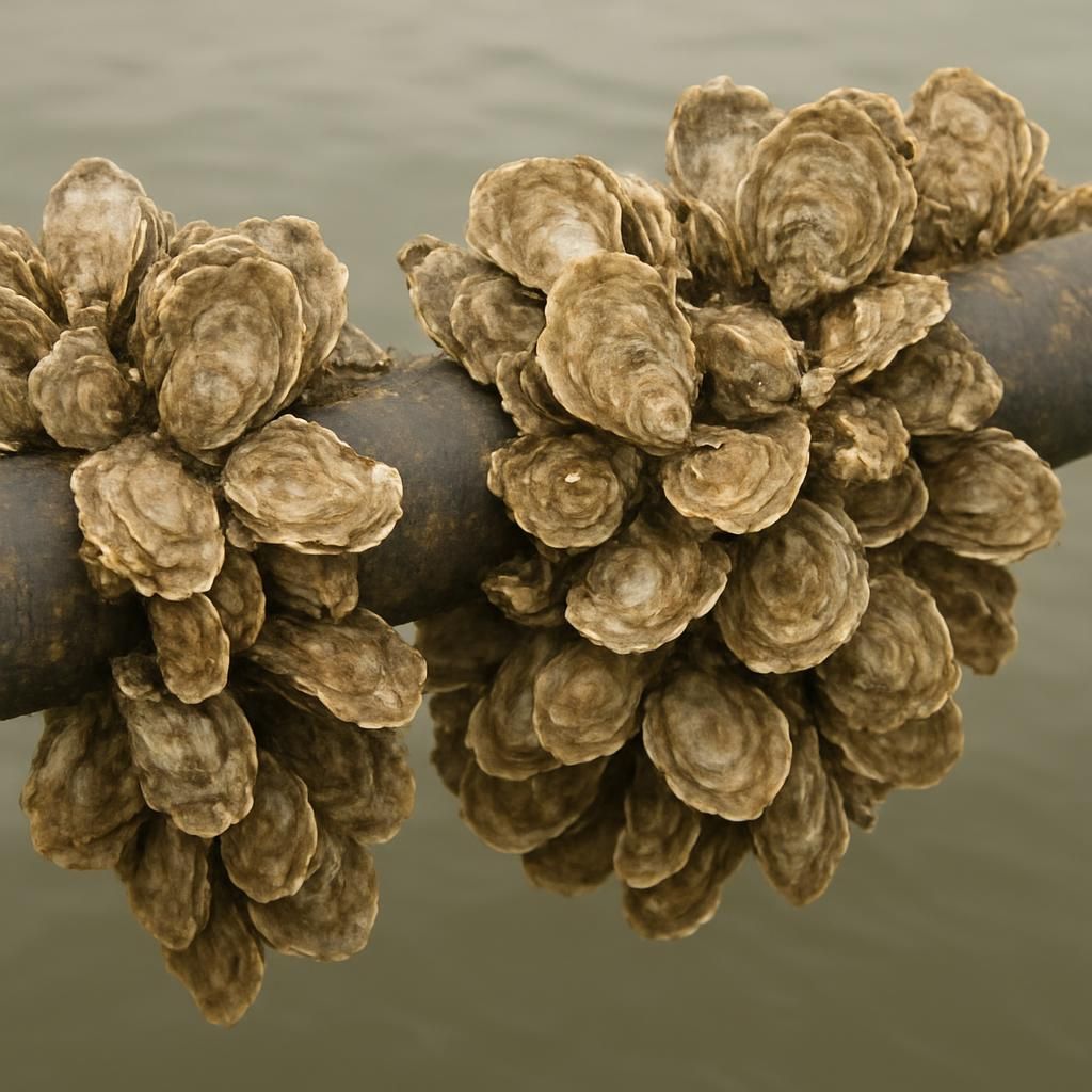 Close-up of eastern oyster clusters fouling an agricultural irrigation pipe
