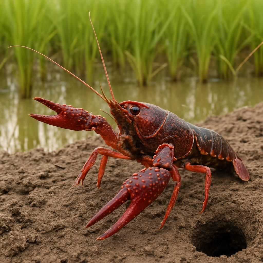 Close-up of red swamp crayfish near rice field levee showing claws and burrow damage
