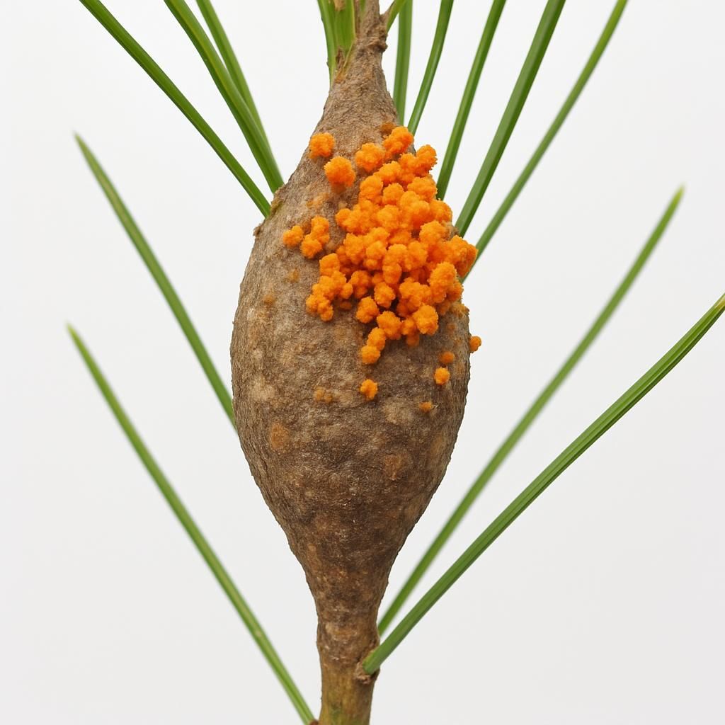 Close-up of fusiform rust gall on pine stem showing orange aecia of Cronartium quercuum f. sp. fusiforme