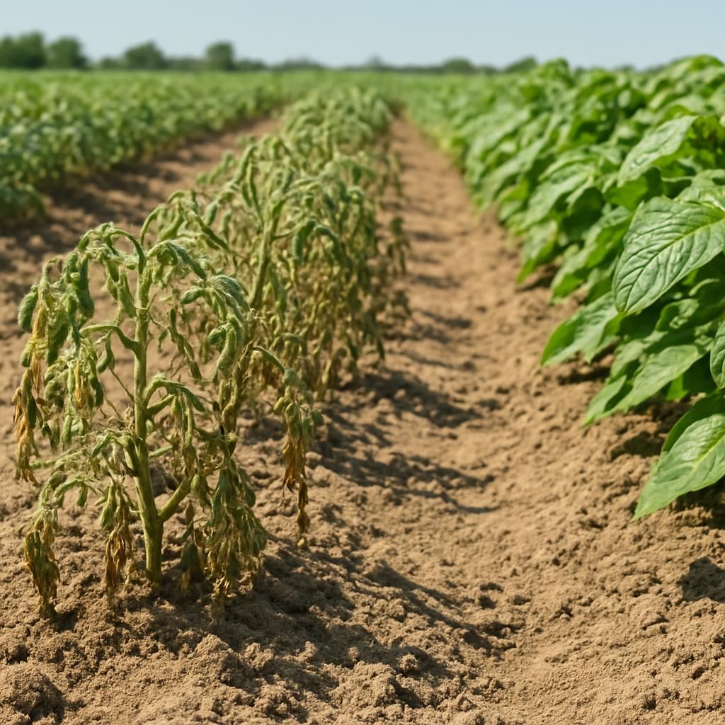 Close-up of stunted tomato plants showing Crop Rotation damage symptoms in agricultural field
