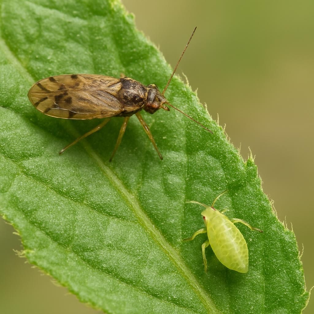 Close-up of crops pest adult and nymphs feeding on tomato foliage