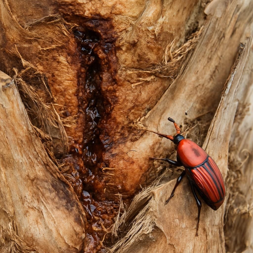 Close-up of date palm trunk infested by red palm weevil showing tunnels and sap damage