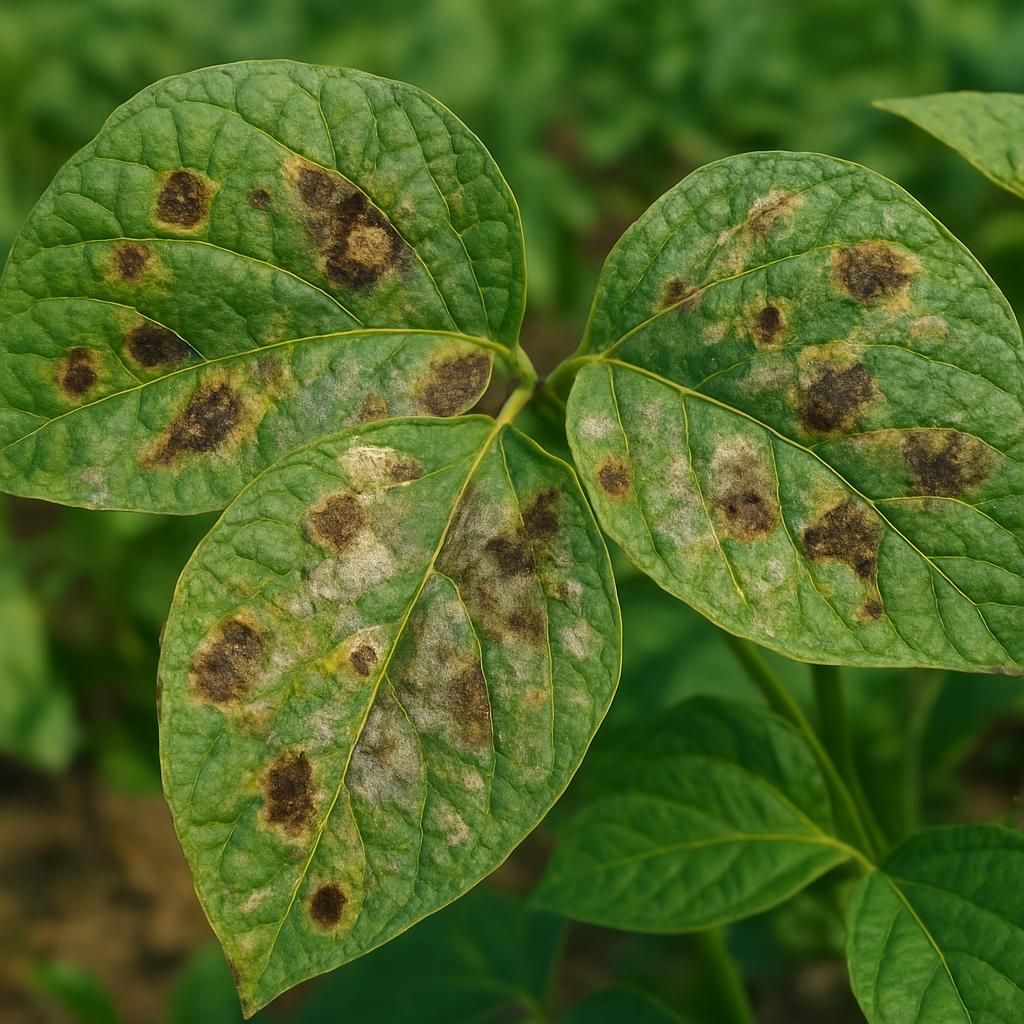 Close-up of crop leaves displaying typical disease symptoms including lesions and fungal growth for agricultural diagnostics.