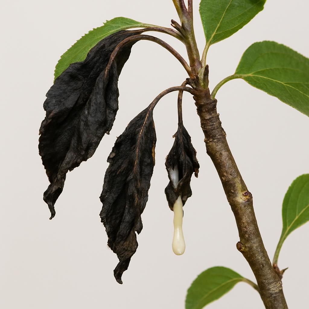 Close-up of fire blight on apple showing blackened shepherd’s crook shoots and bacterial ooze
