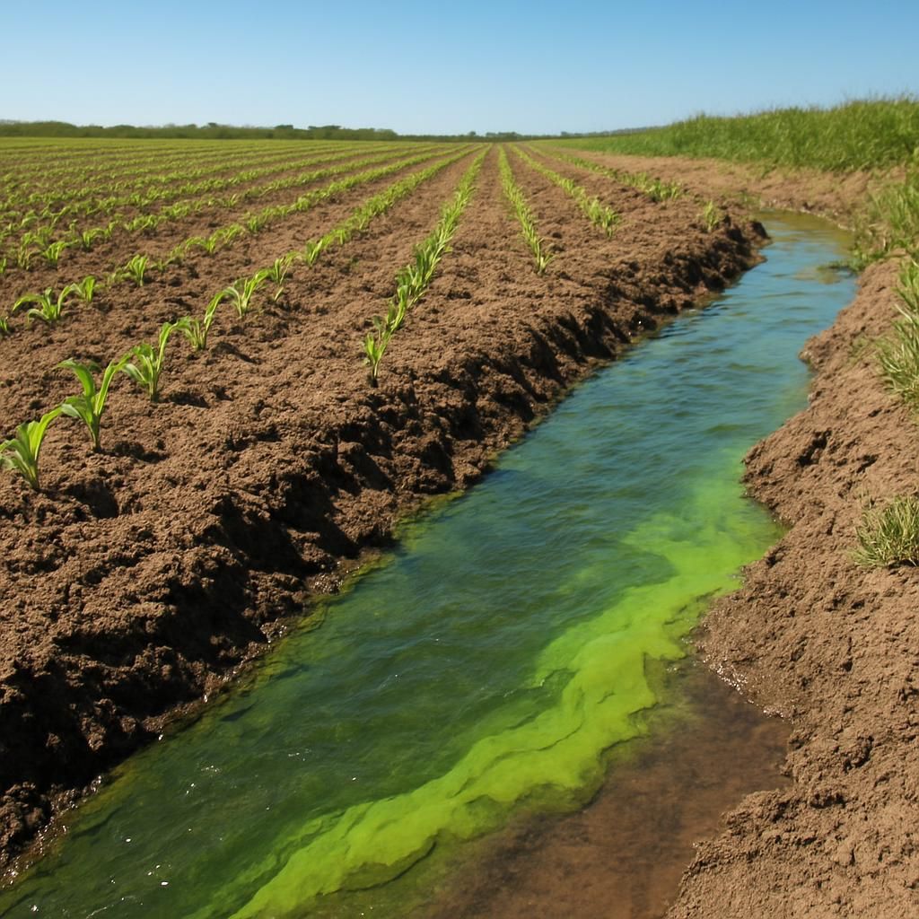 Agricultural runoff causing green algal bloom in stream adjacent to fertilized field