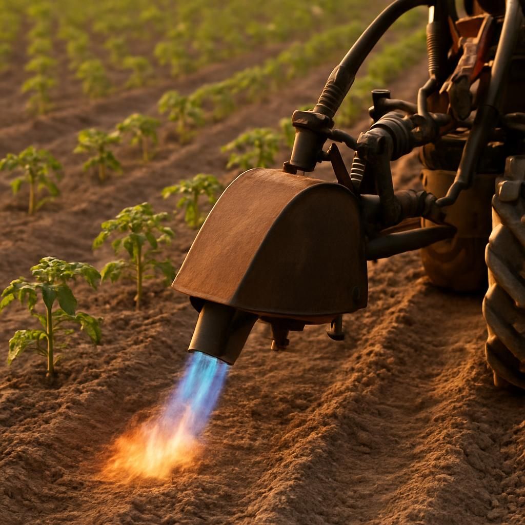 Tractor-mounted flame weeder applying thermal weed control between tomato rows in an organic field
