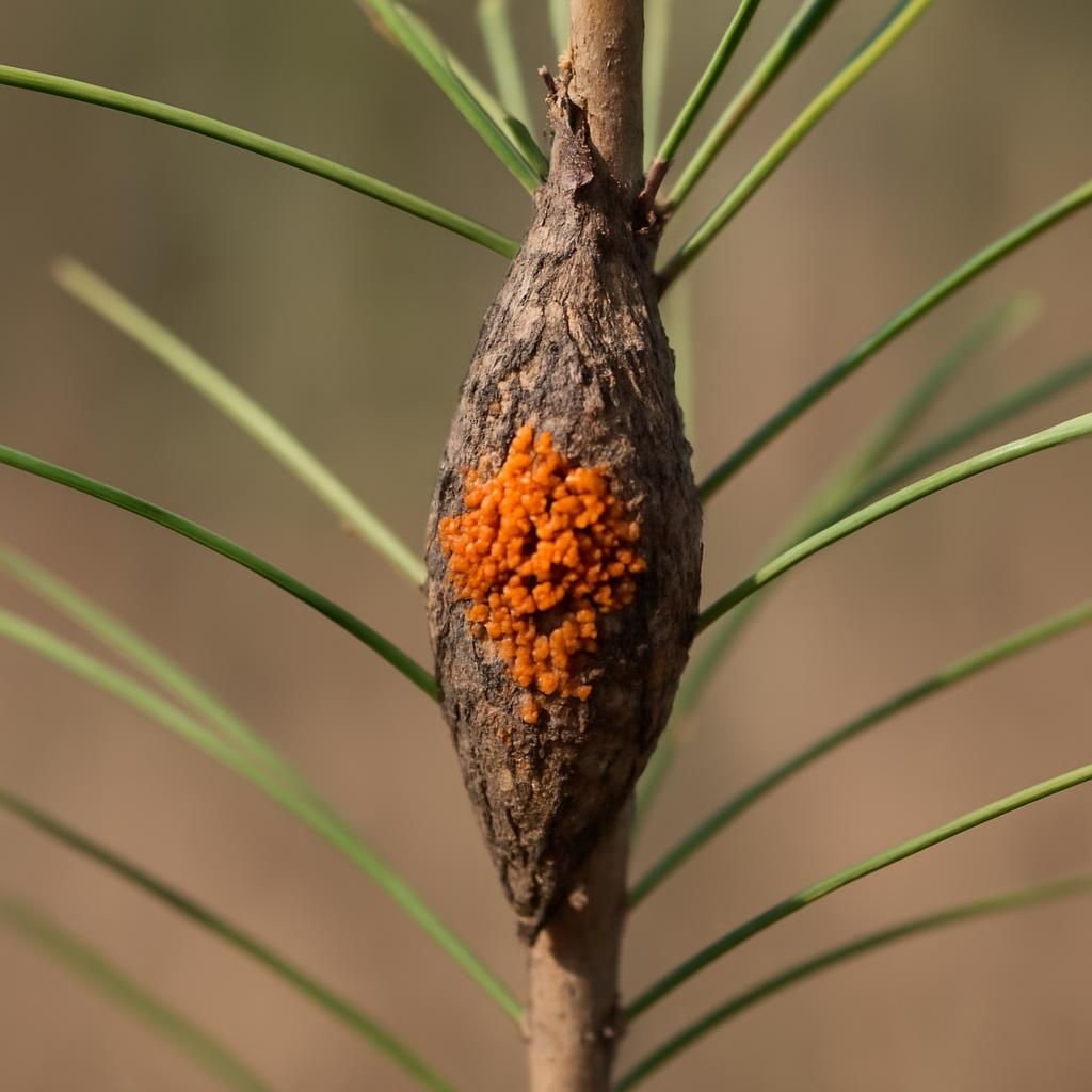 Close-up of fusiform rust gall with orange aecia on loblolly pine stem