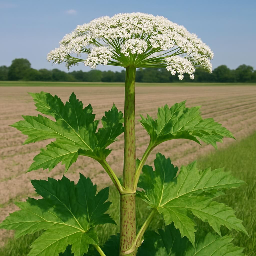 Close-up of giant hogweed plant with purple-spotted stem and white flower umbel in farm setting