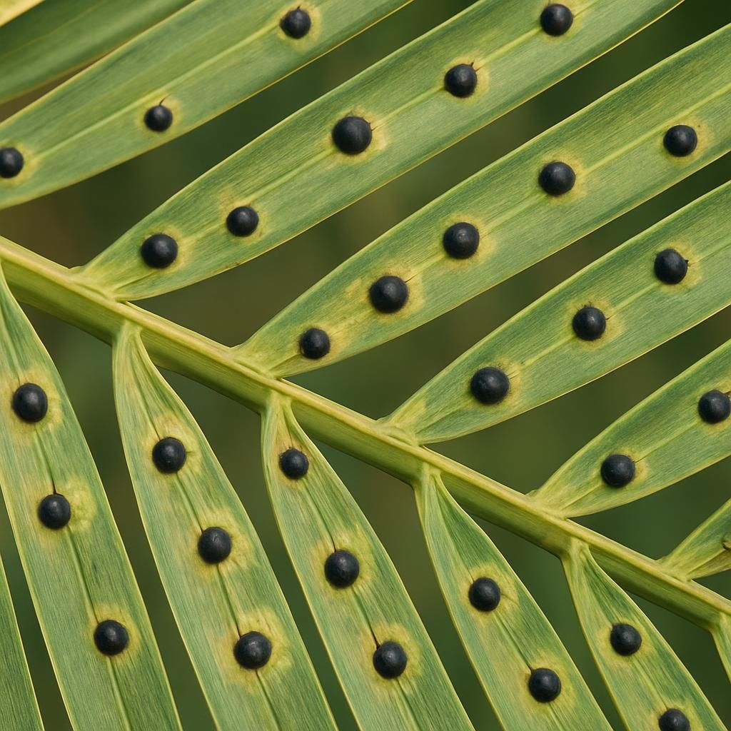 Close-up of black raised fruiting bodies of Graphiola phoenicis on date palm frond showing diagnostic symptoms