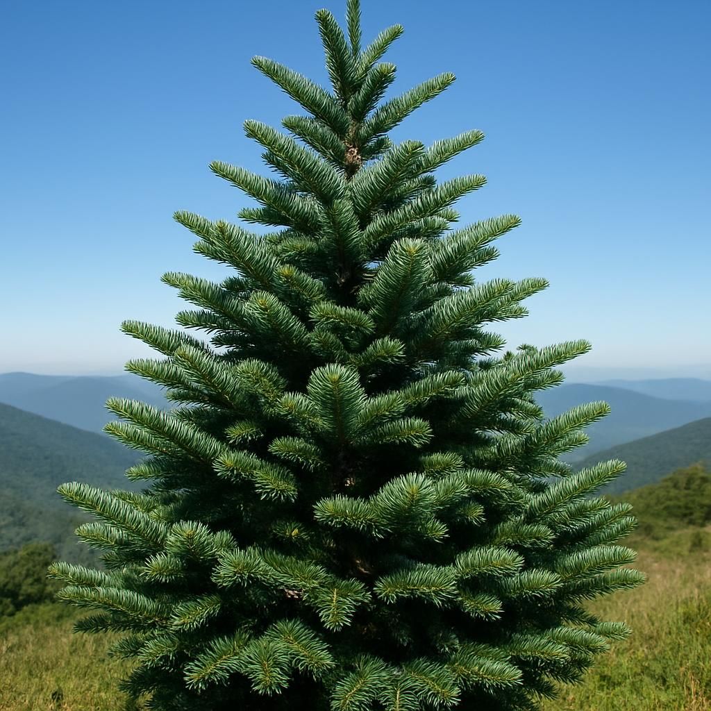Close-up of healthy Abies fraseri Fraser fir with dark green needles and symmetrical form on mountain slope