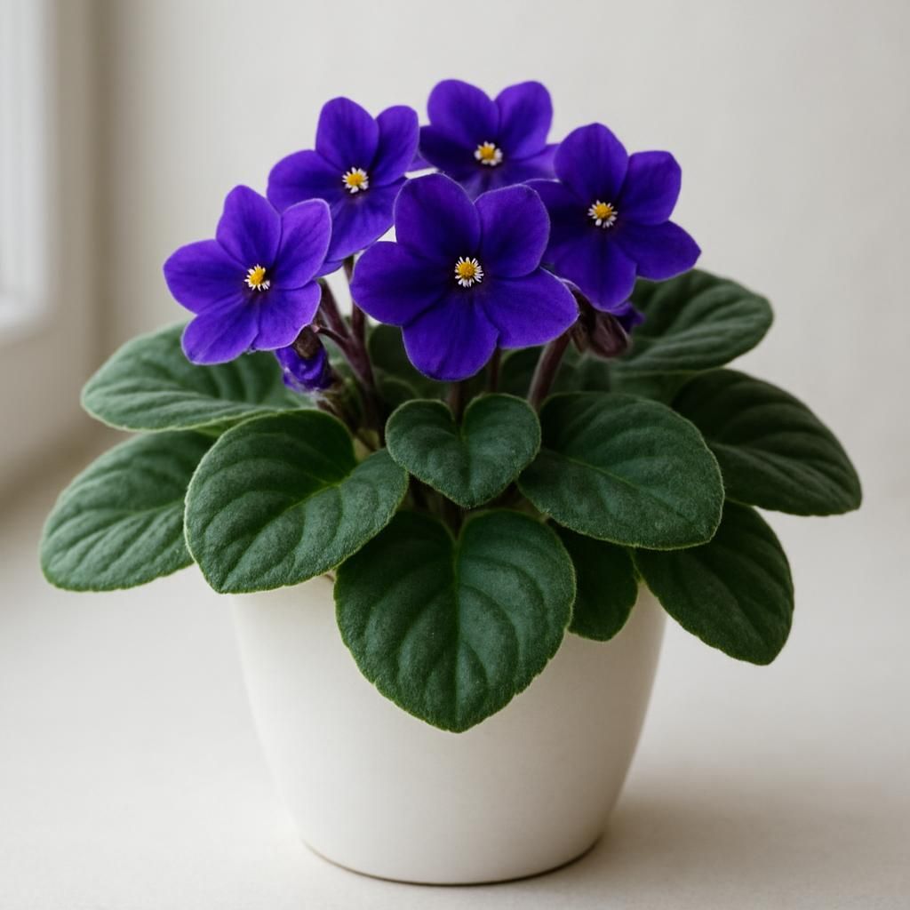 Close-up of blooming African Violet with lush green leaves and purple flowers in a white pot under natural light