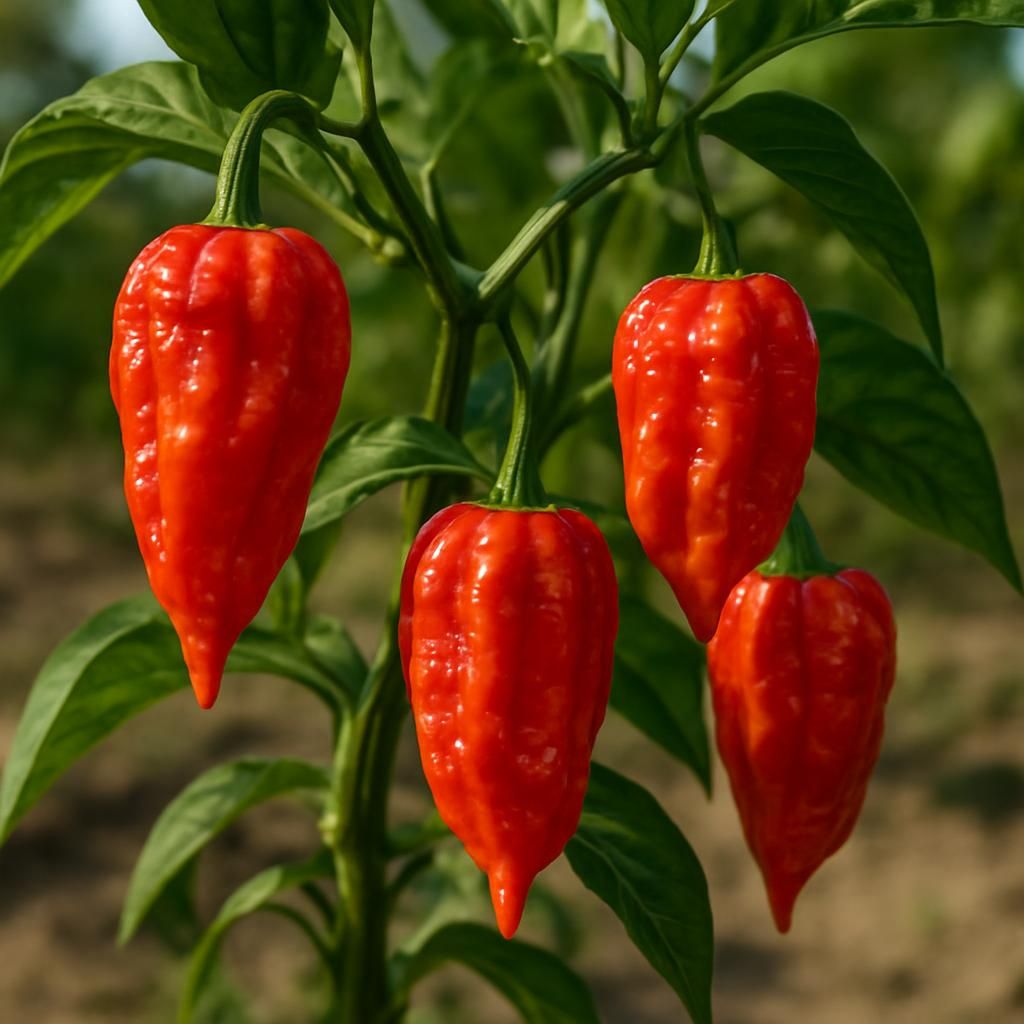 Ripe red-orange Aji Dulce peppers growing on healthy green plant in sunlight