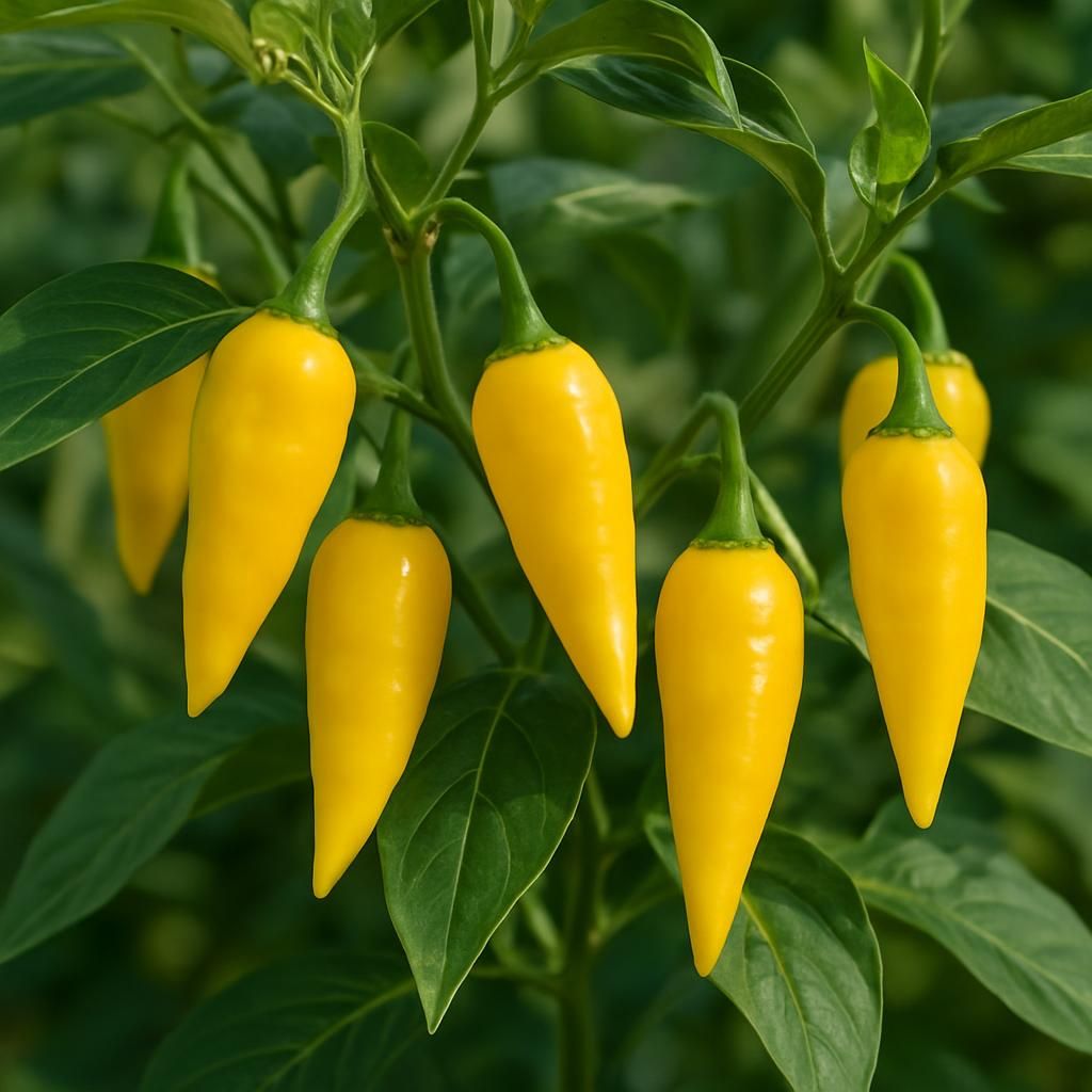 Ripe Aji Limon Lemon Drop chili peppers growing on healthy green plant in sunlight