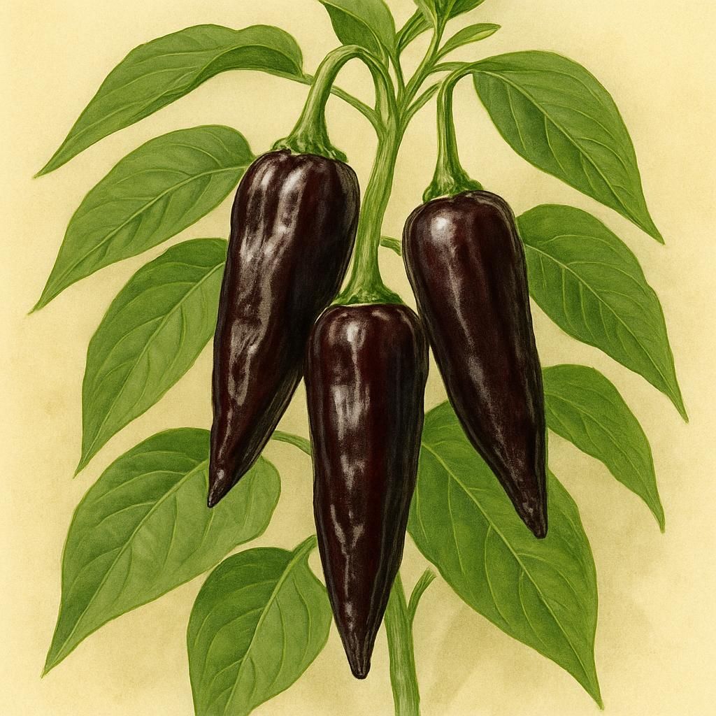 Close-up of ripe dark Aji Panca chili peppers growing on a healthy plant in full sun