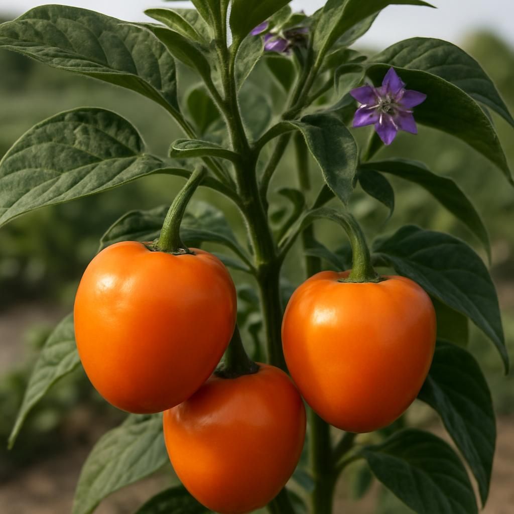 Close-up of bright orange Aji Rocoto peppers on a Capsicum pubescens plant