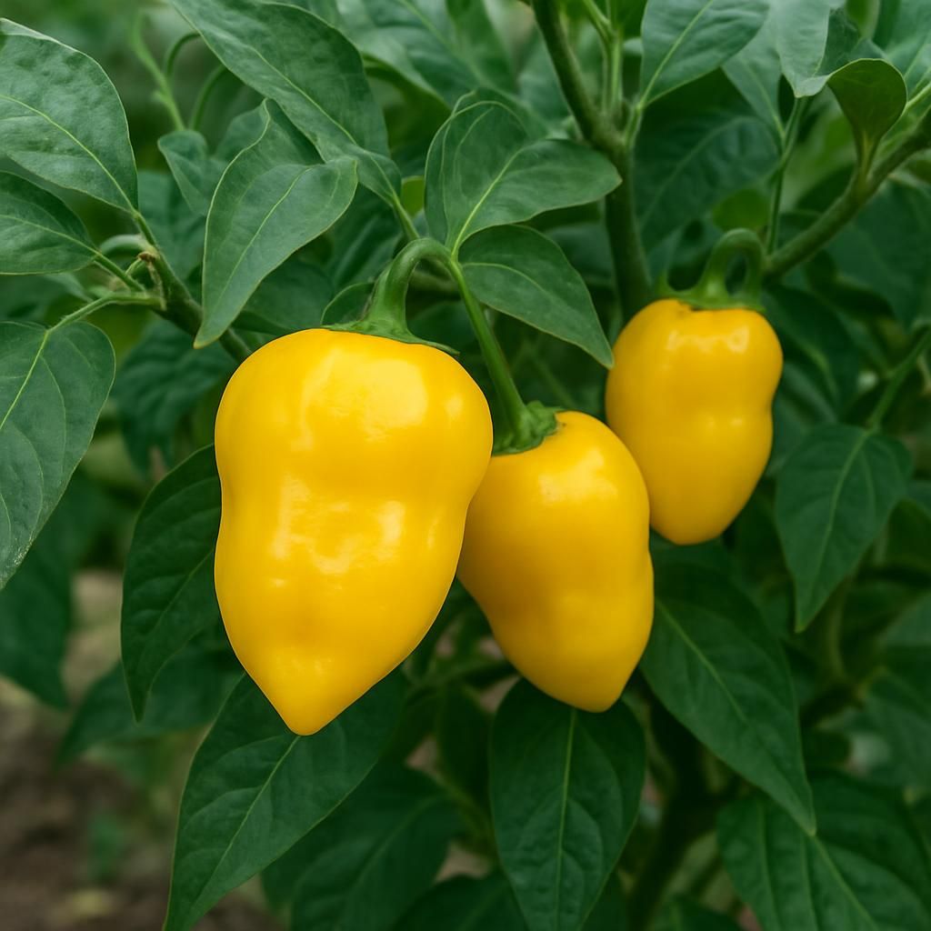 Close-up of ripe yellow Aji Rocoto peppers on plant with thick walls and vibrant color