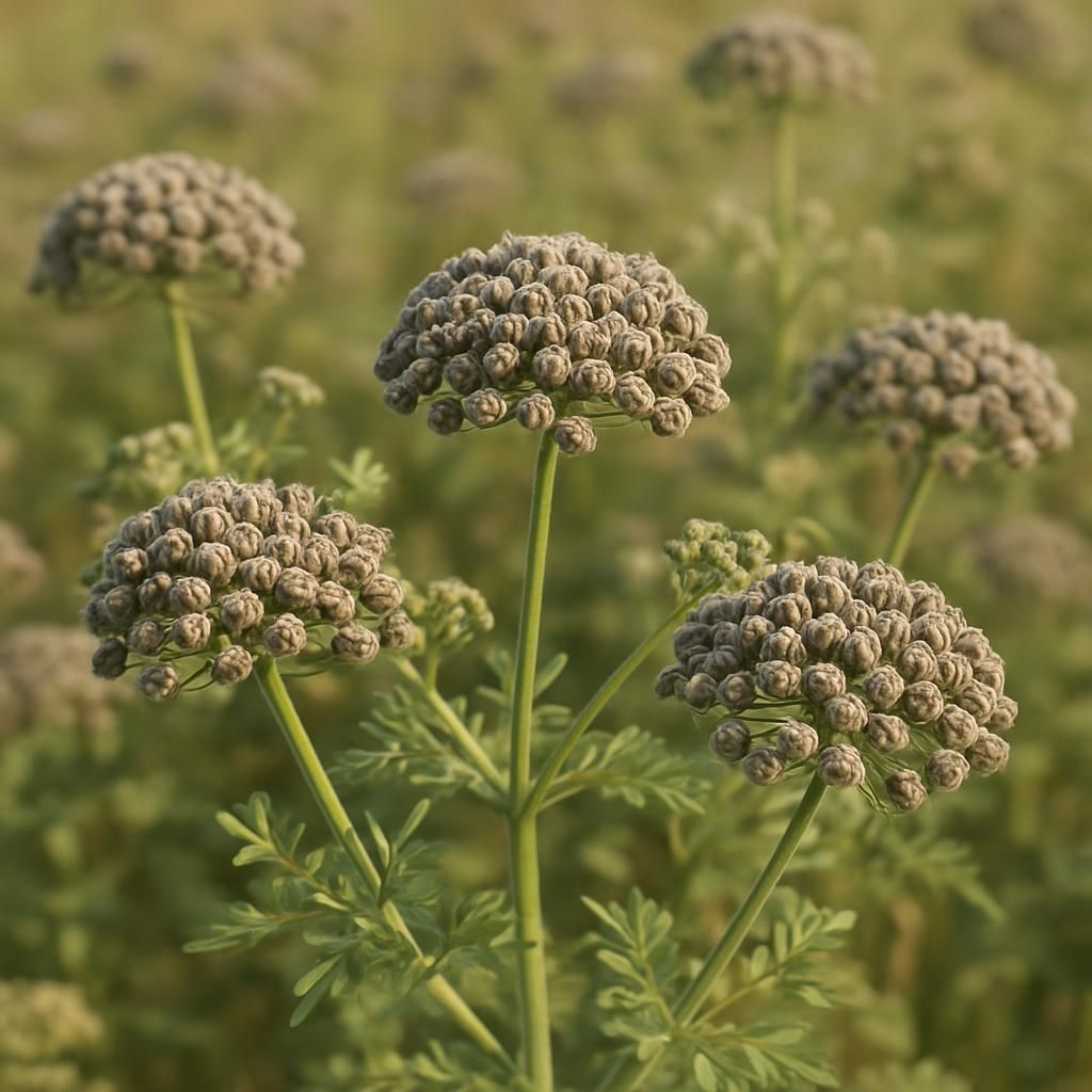 Close-up of ripe ajwain seed umbels on Trachyspermum ammi plants ready for harvest