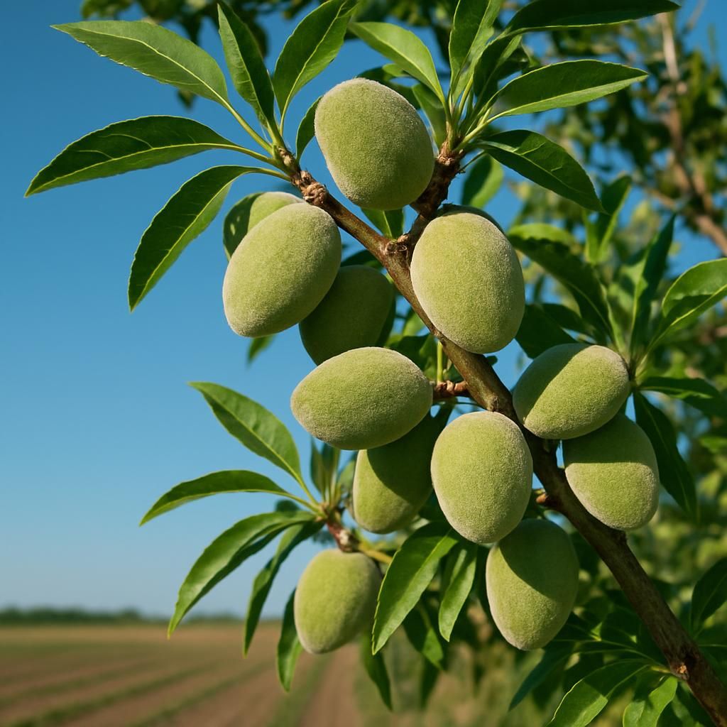 Close-up of Almond (Fritz) clusters with green hulls on healthy branches in a commercial orchard