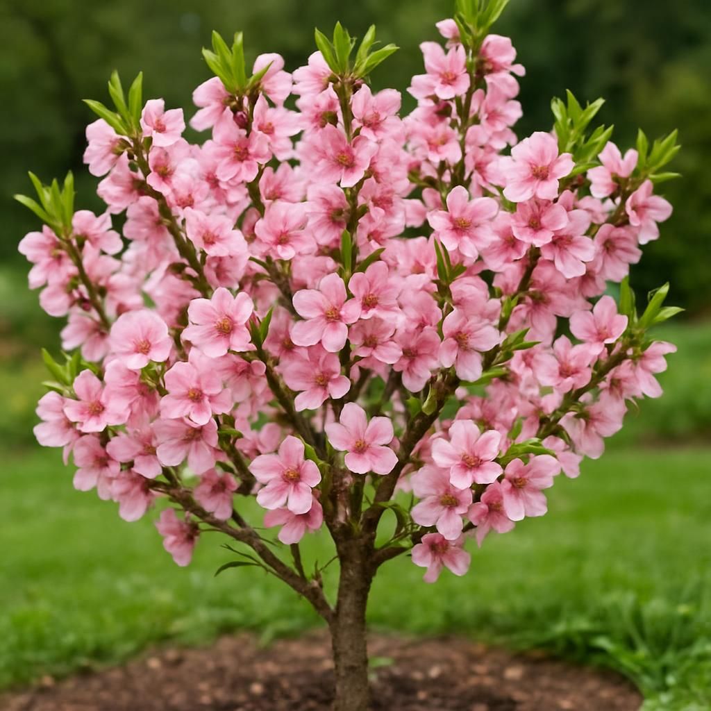 Garden Prince Dwarf almond tree blooming with pink flowers in a home garden setting