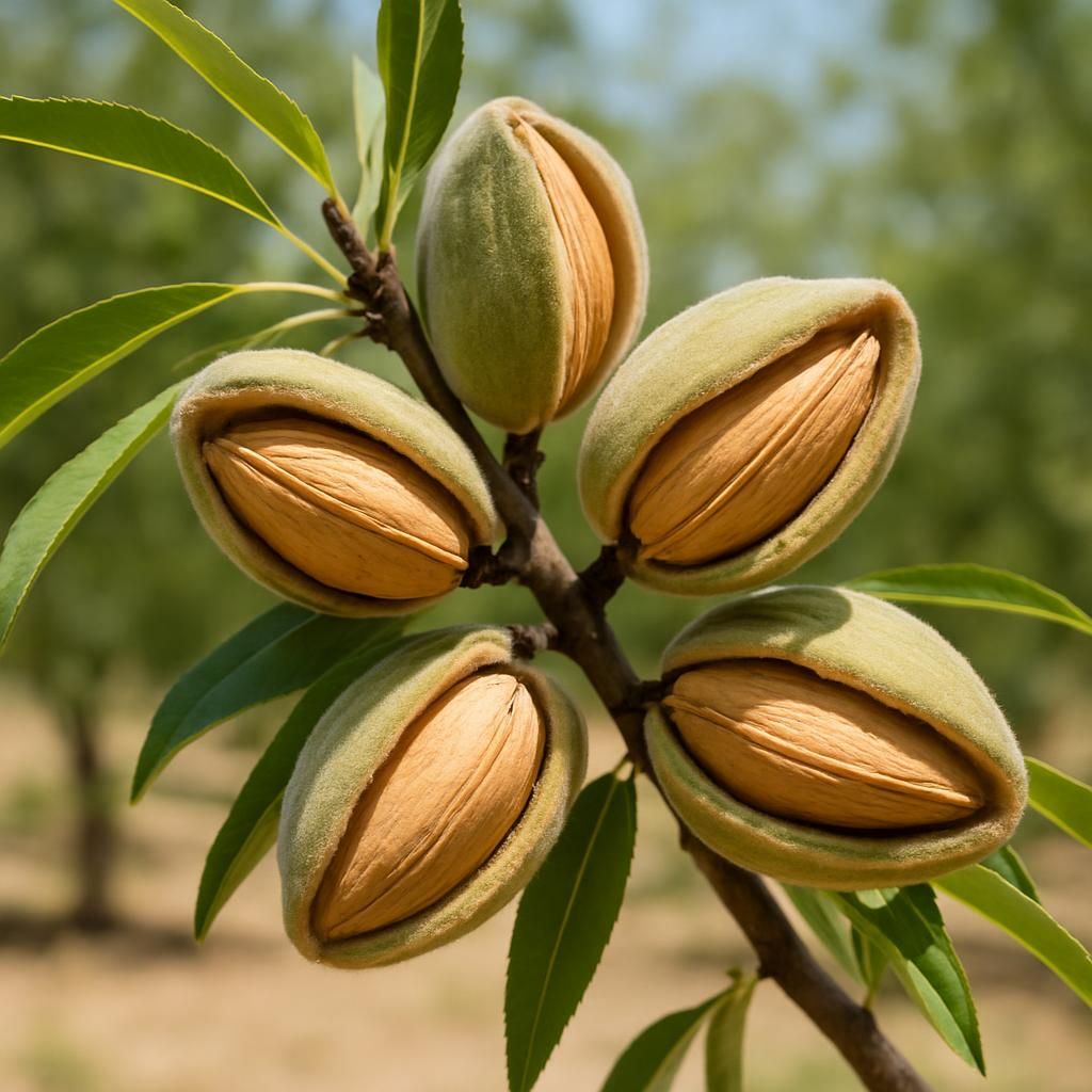 Close-up of Nonpareil almond nuts on tree showing thin split hulls and kernels