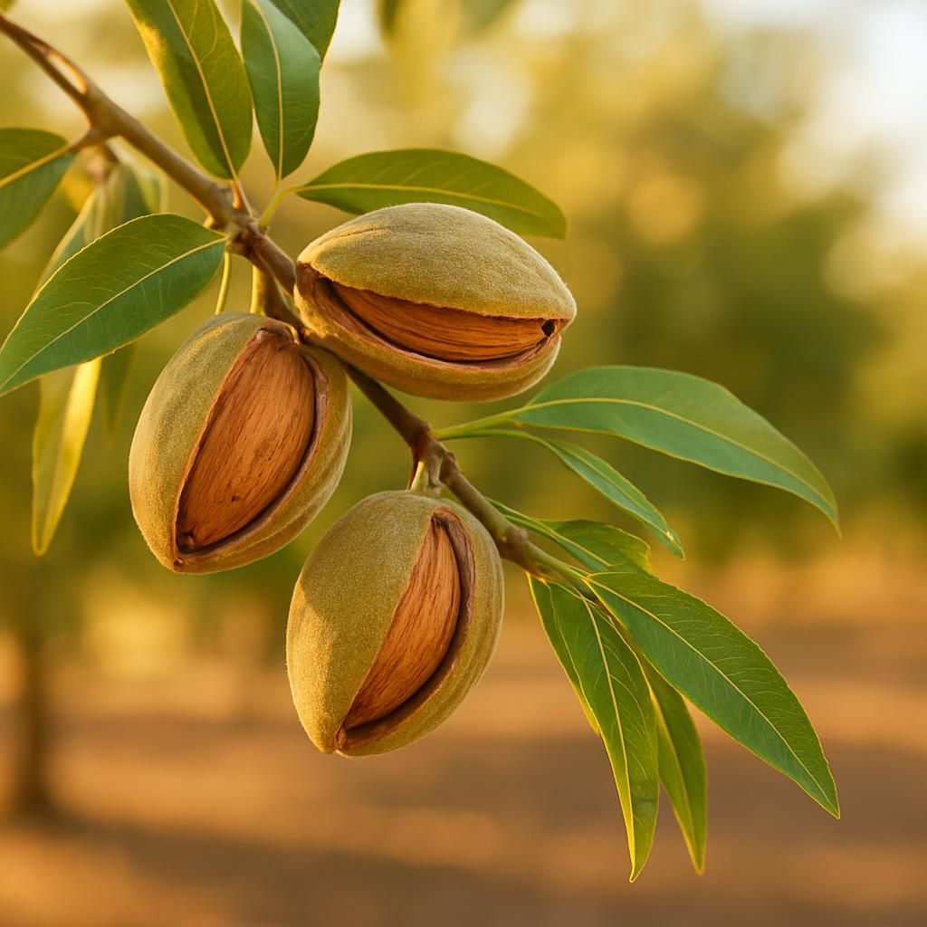 Close-up of Padre almond kernels in split hulls on tree ready for harvest