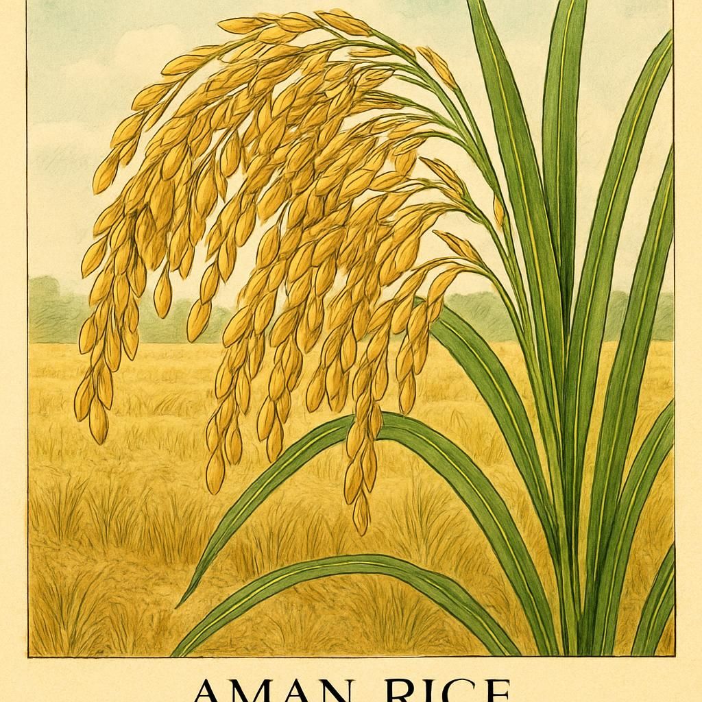 Close-up shot of Aman Rice (Nizershail) grains in a rice paddy with golden sunlight.