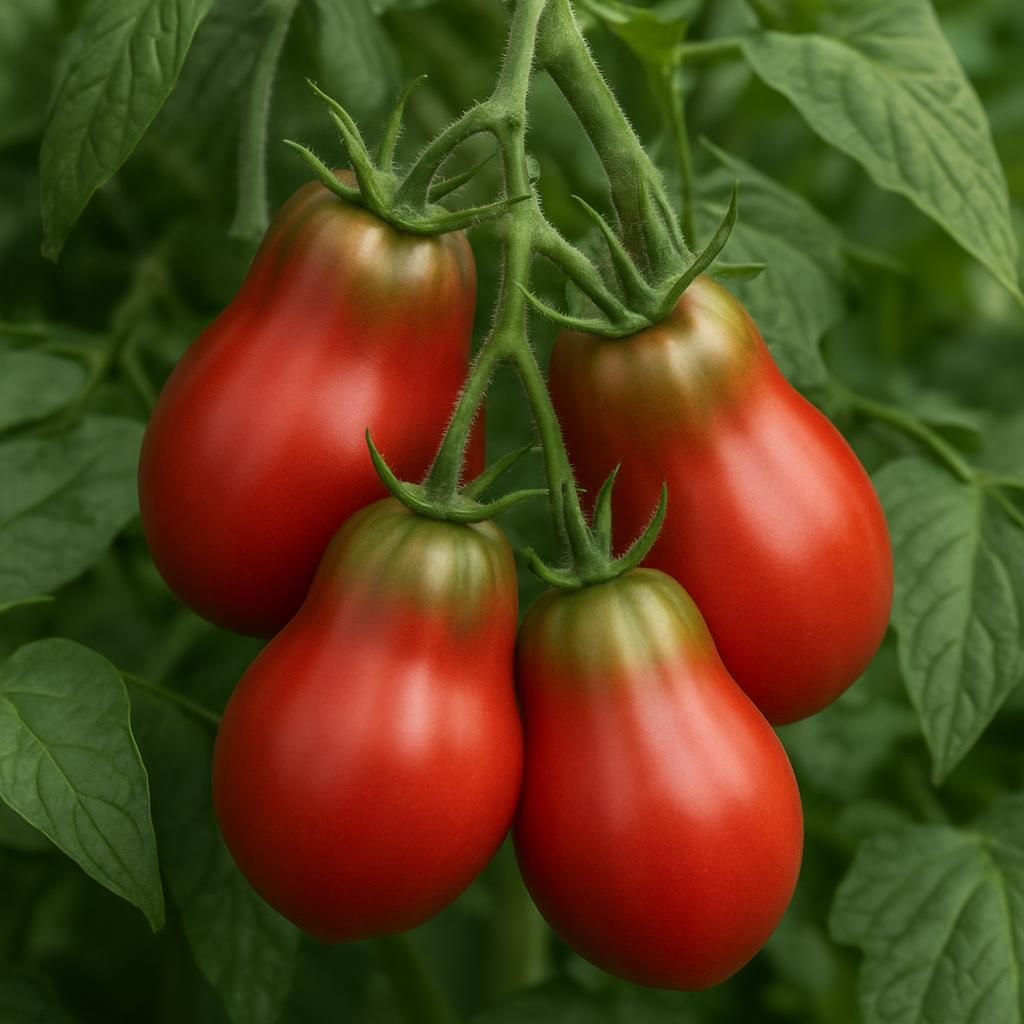 Ripe Amish Paste Tomatoes growing on healthy vines in a garden setting