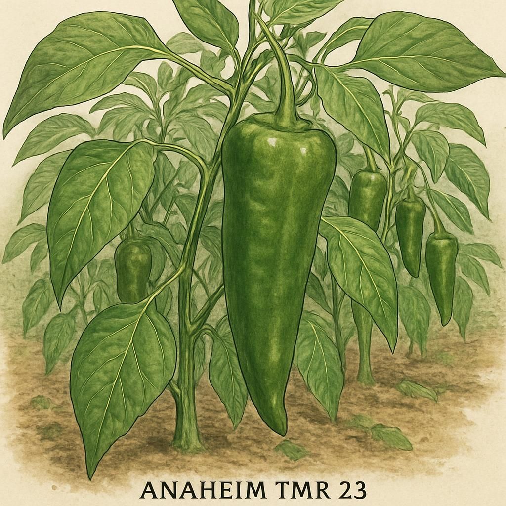 Close-up of Anaheim TMR 23 chili peppers in a sunny garden, showcasing their vibrant color.